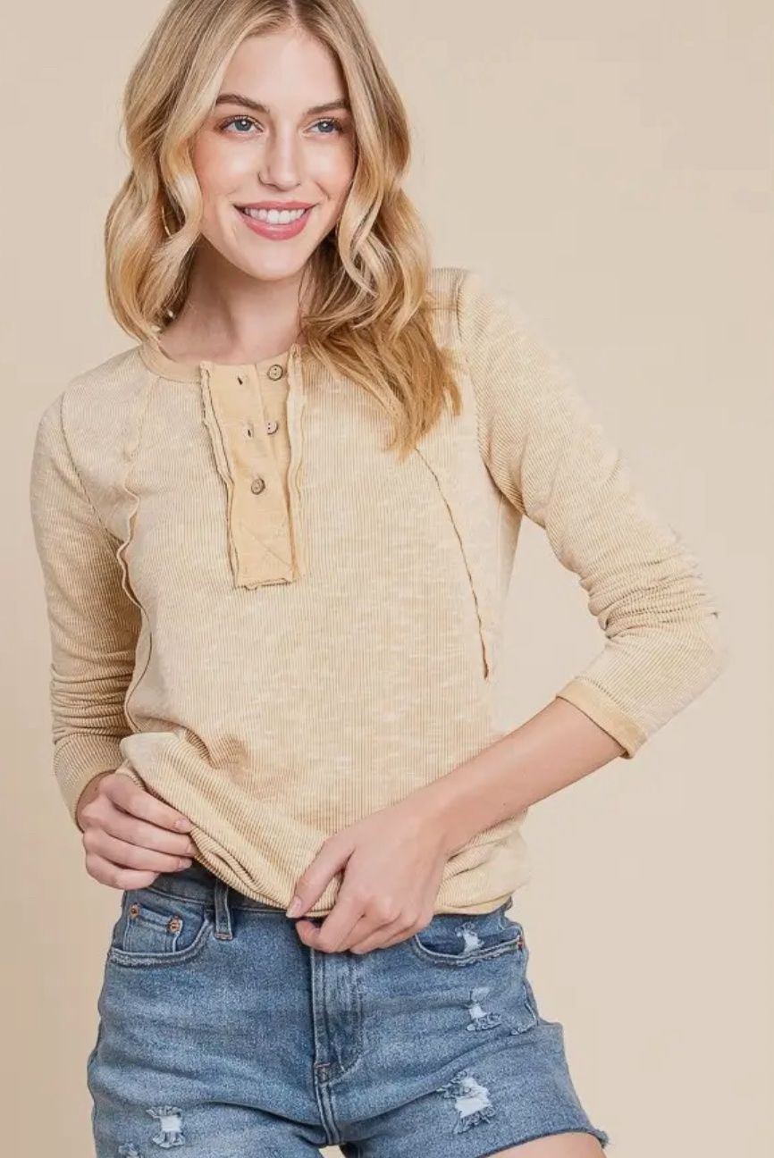 Mustard Henley Long Sleeve Top, Size: Small