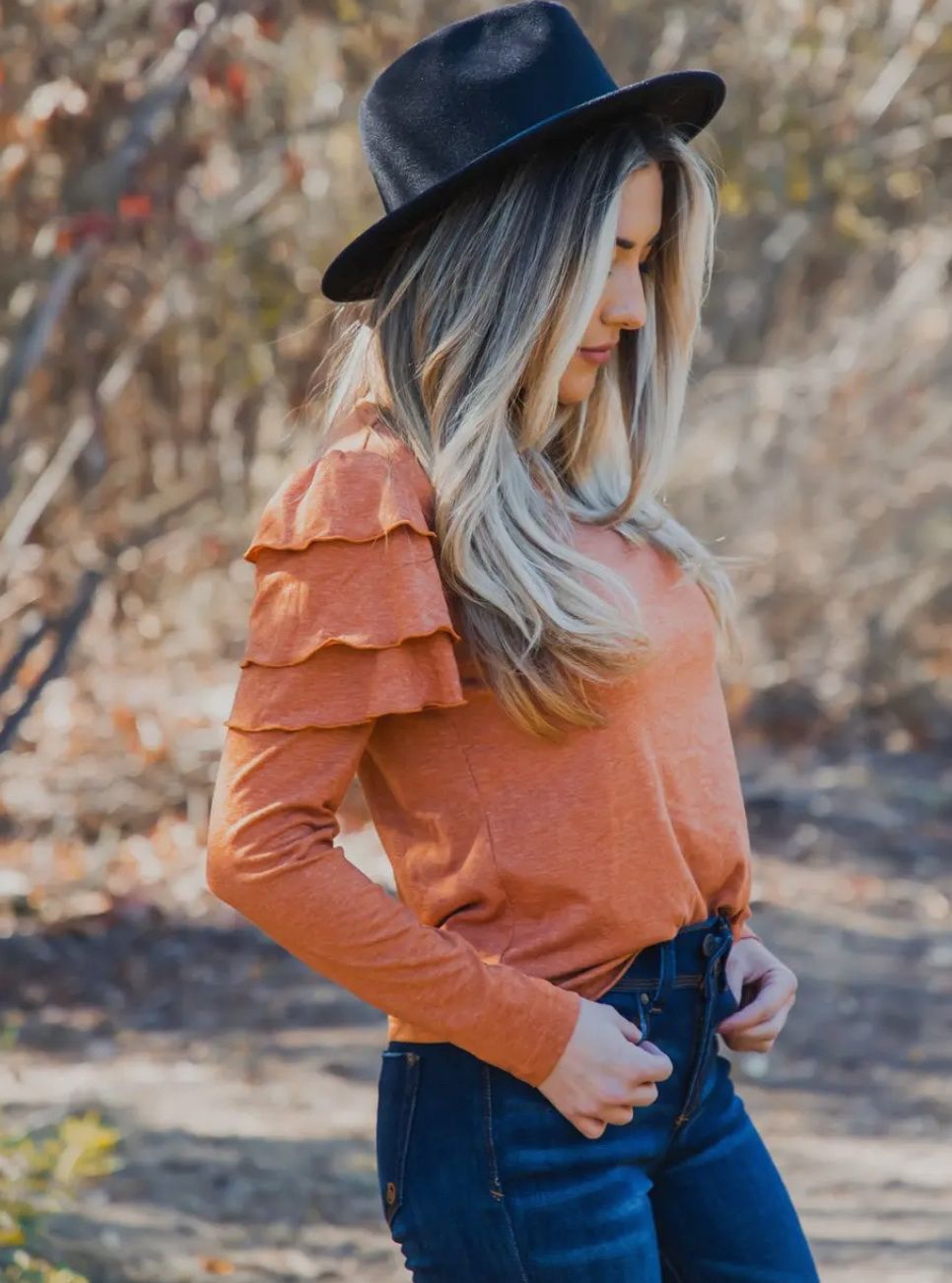 Orange Ruffle Long Sleeve Top, Size: Small
