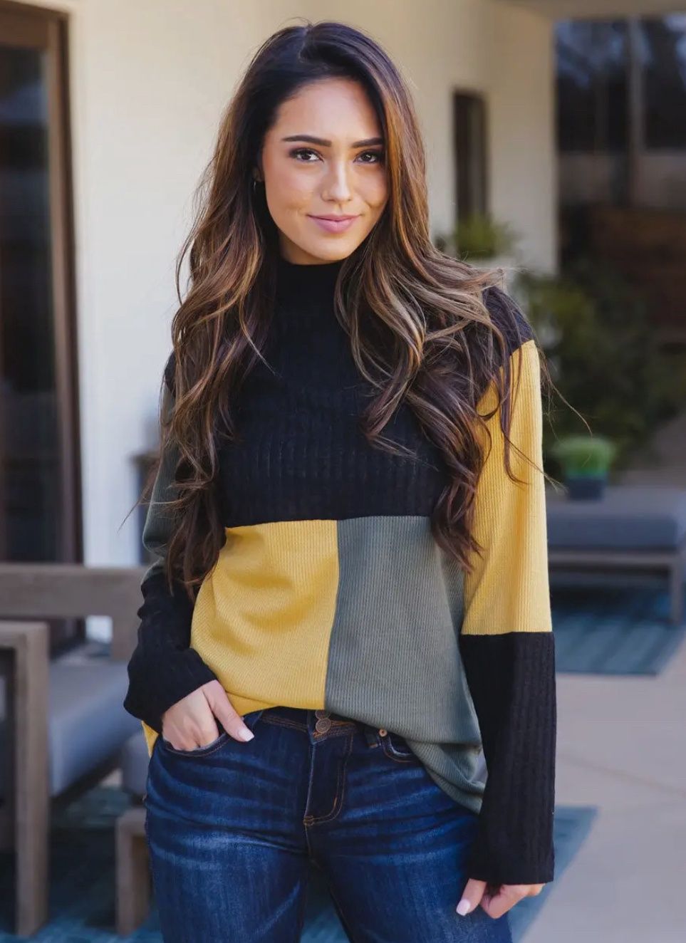 Tri-Color Mockneck Emrie Top, Size: Small