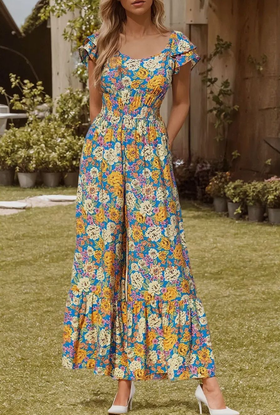 Floral Shirred Cut Out Waist Jumpsuit, Size: Small