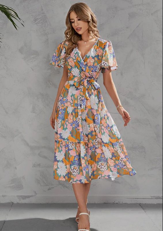 V-Neck Floral Tiered Midi Dress