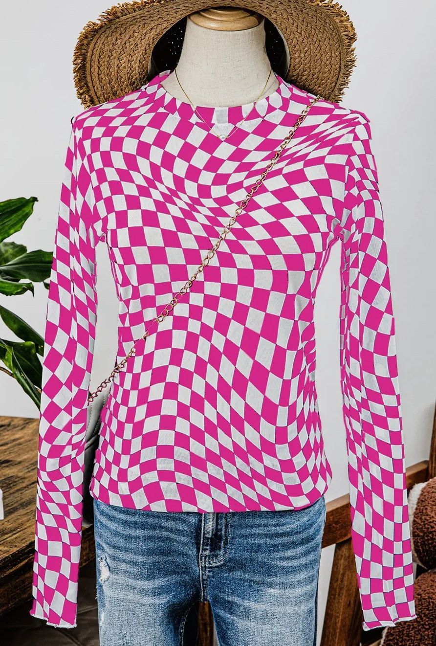 Checkered Pattern Mesh Mock Neck Long Sleeve, Colour: Pink, Size: Small