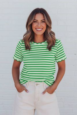 Stripe Scalloped Trim Round Neck T-Shirt