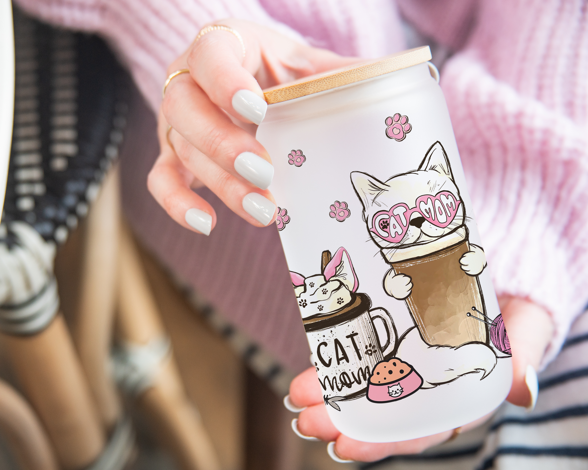 Cat Mom Glass Cup | Bamboo Lid & Straw Included