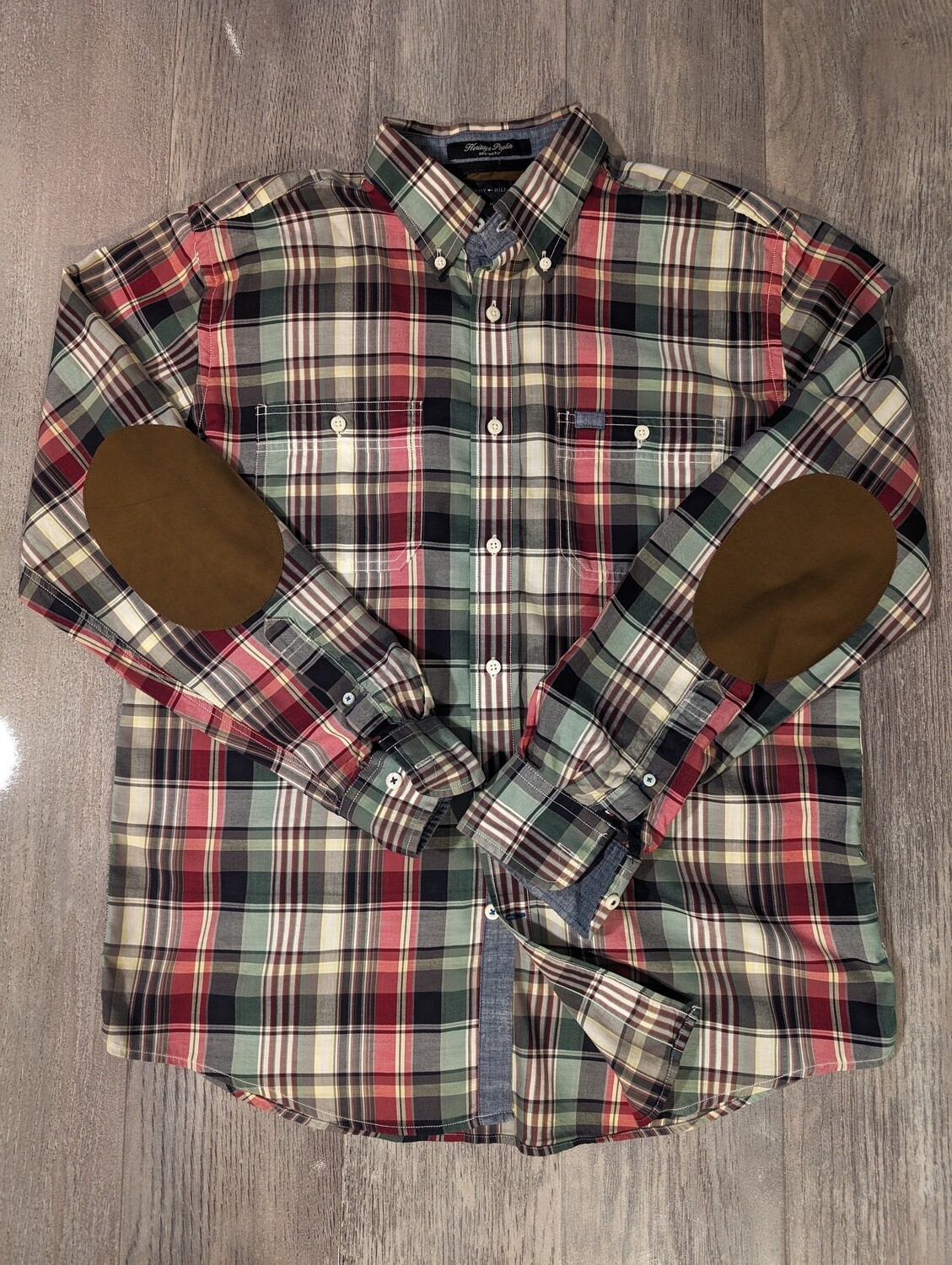 Tommy Hilfiger Heritage Poplin Plaid Long Sleeve Shirt with Brown Suede on the Elbows
