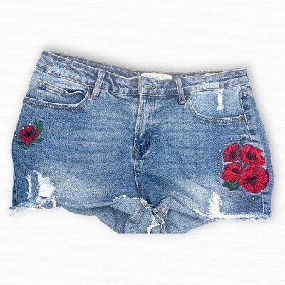 Ripped Denim Shorts w/ Red Roses
