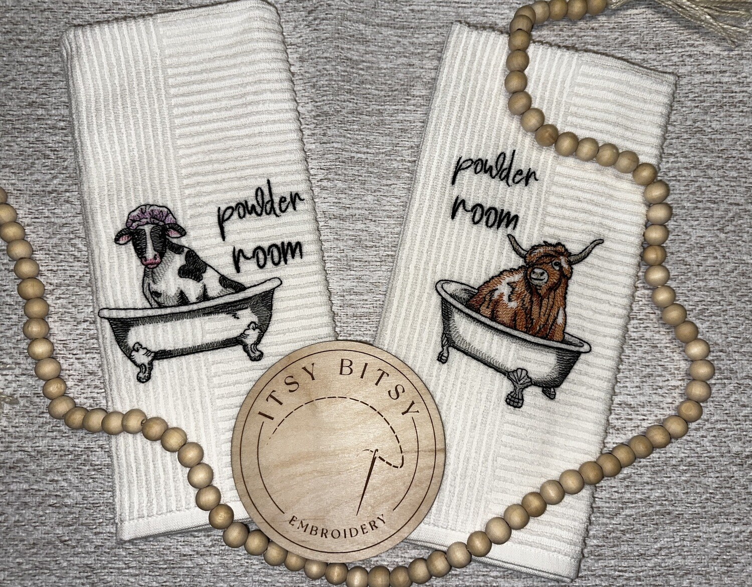Powder Room Cow Hand Towel, Embroidered Hand Towel