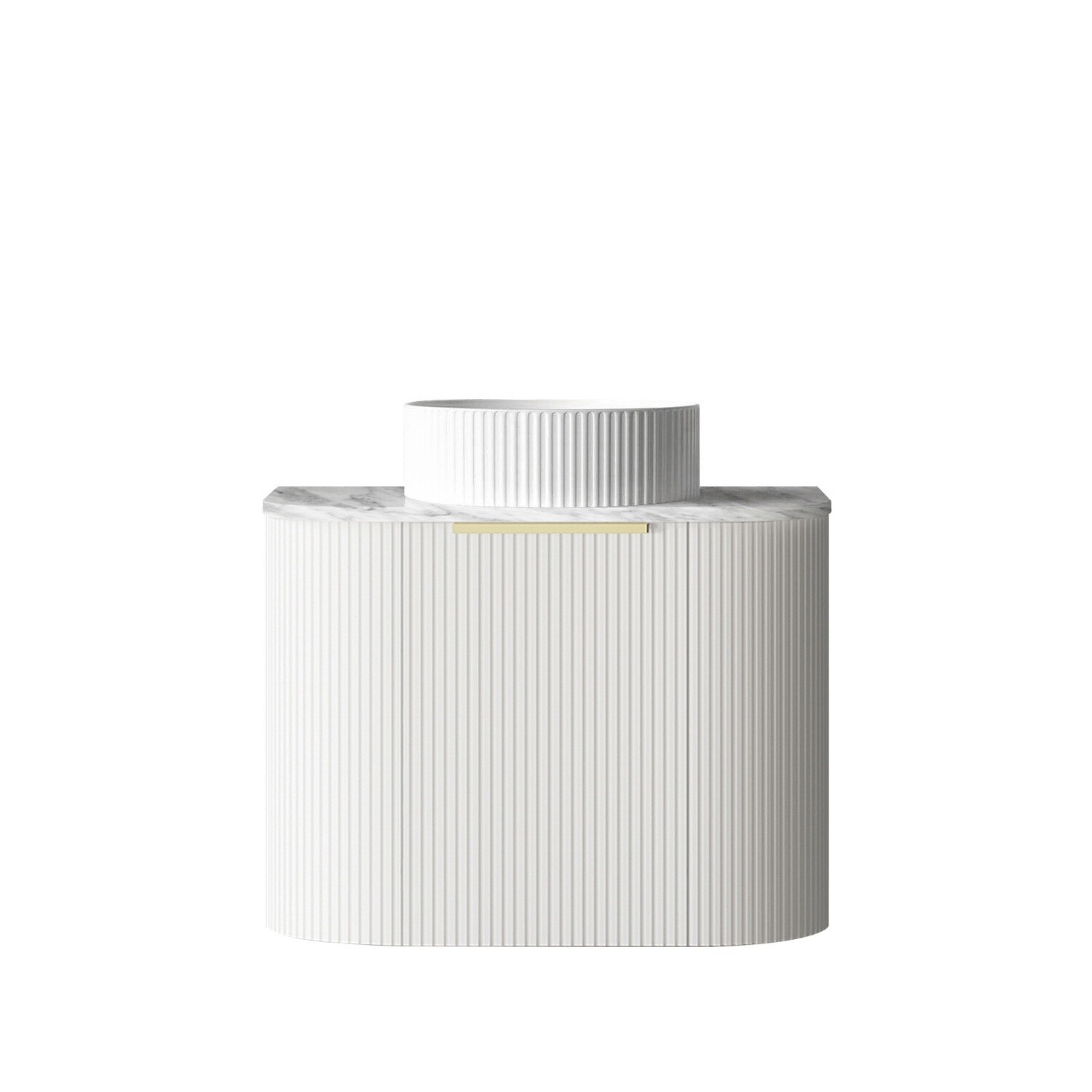 Bondi 600mm Satin White Fluted Wall Hung Curve Vanity, Vanity Top: Natural Marble, Stone Top Colour: Natural Carrara Marble, Taphole Option: Semi Drill
