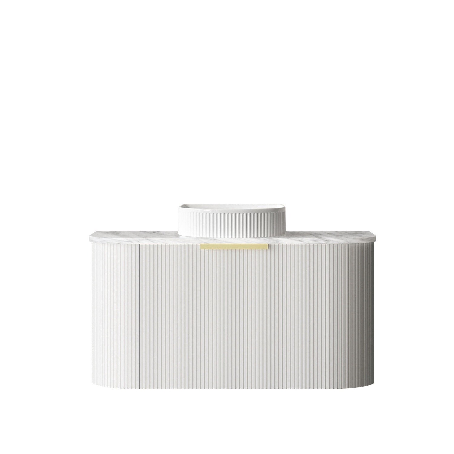 Bondi 900mm Satin White Fluted Wall Hung Curve Vanity, Vanity Top: Natural Marble, Stone Top Colour: Natural Carrara Marble, Taphole Option: Semi Drill