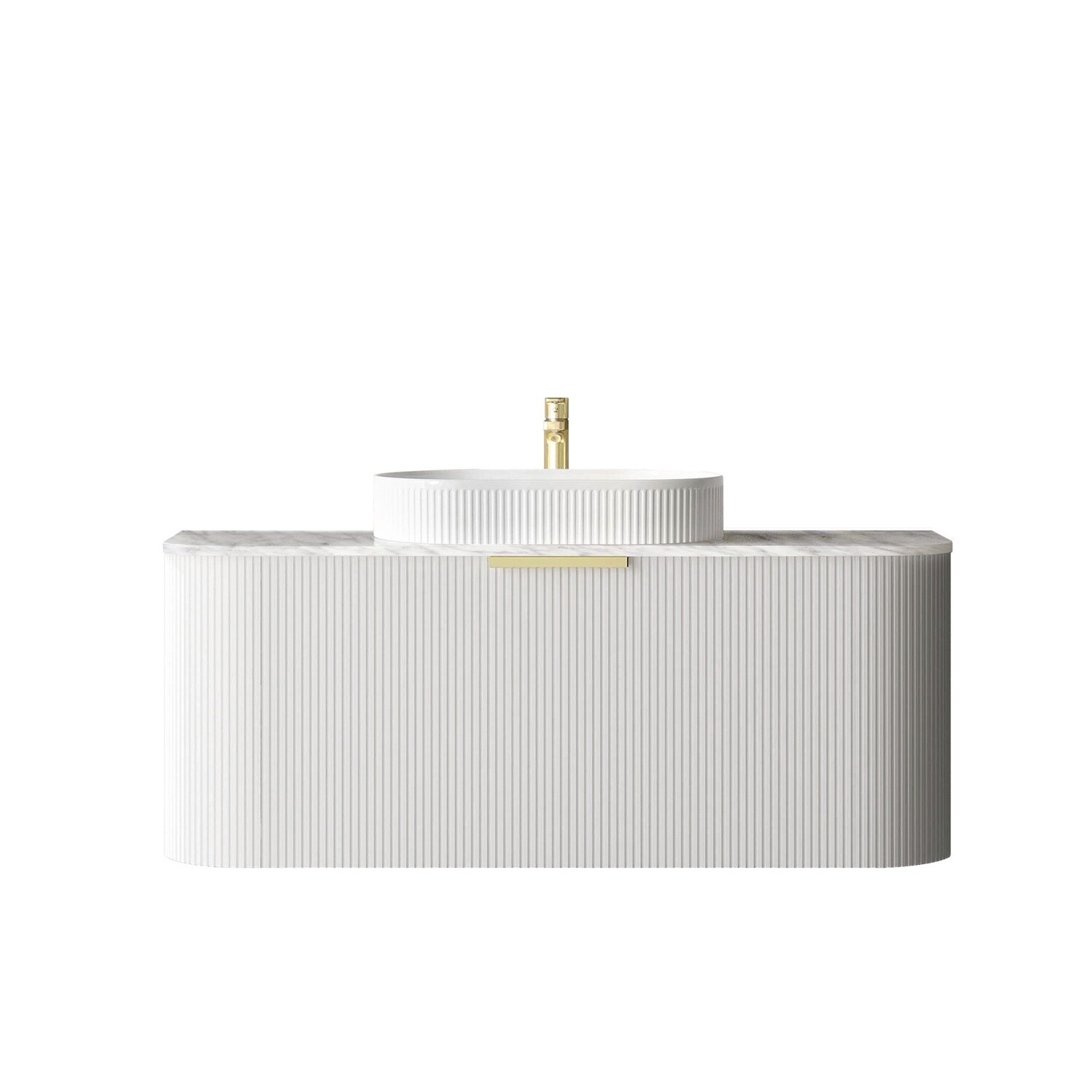 Bondi 1200mm Satin White Fluted Wall Hung Curve Vanity, Vanity Top: Natural Marble, Stone Top Colour: Natural Carrara Marble, Taphole Option: Semi Drill