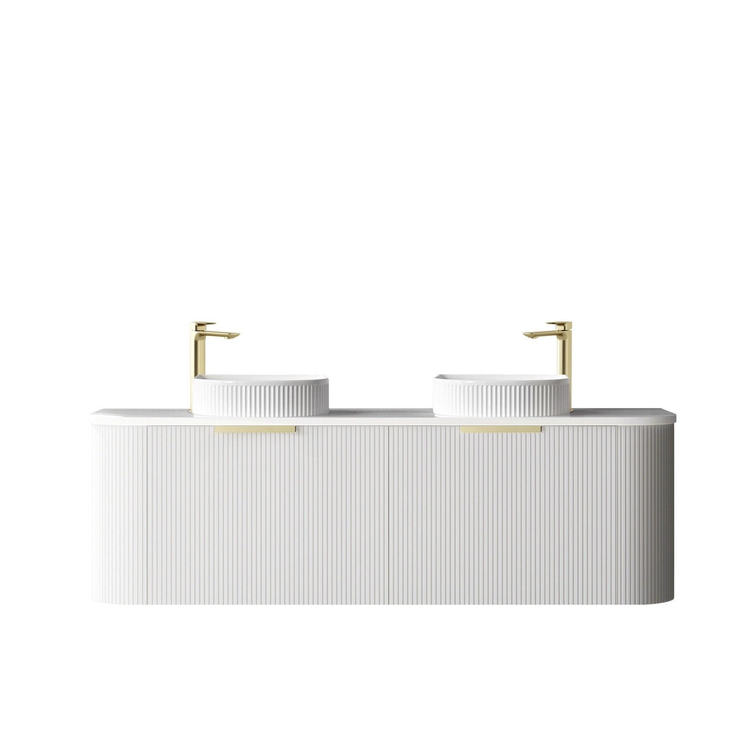 Bondi 1500mm Satin White Fluted Wall Hung Curve Vanity, Vanity Top: Natural Marble, Stone Top Colour: Natural Carrara Marble, Taphole Option: Semi Drill