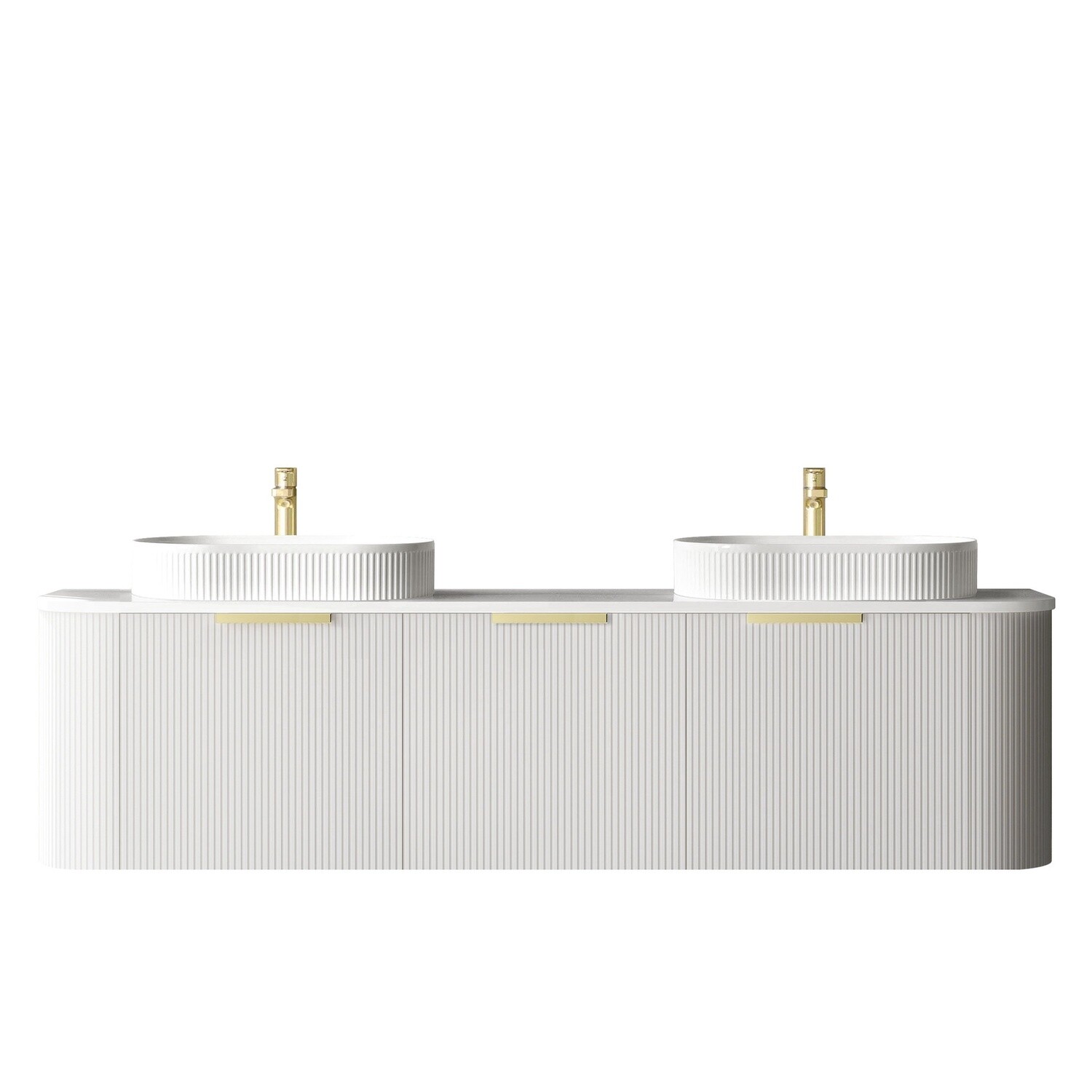 Bondi 1800mm Satin White Fluted Wall Hung Curve Vanity, Vanity Top: Ultra Delux Stone Top, Stone Top Colour: Pure White, Taphole Option: Semi Drill