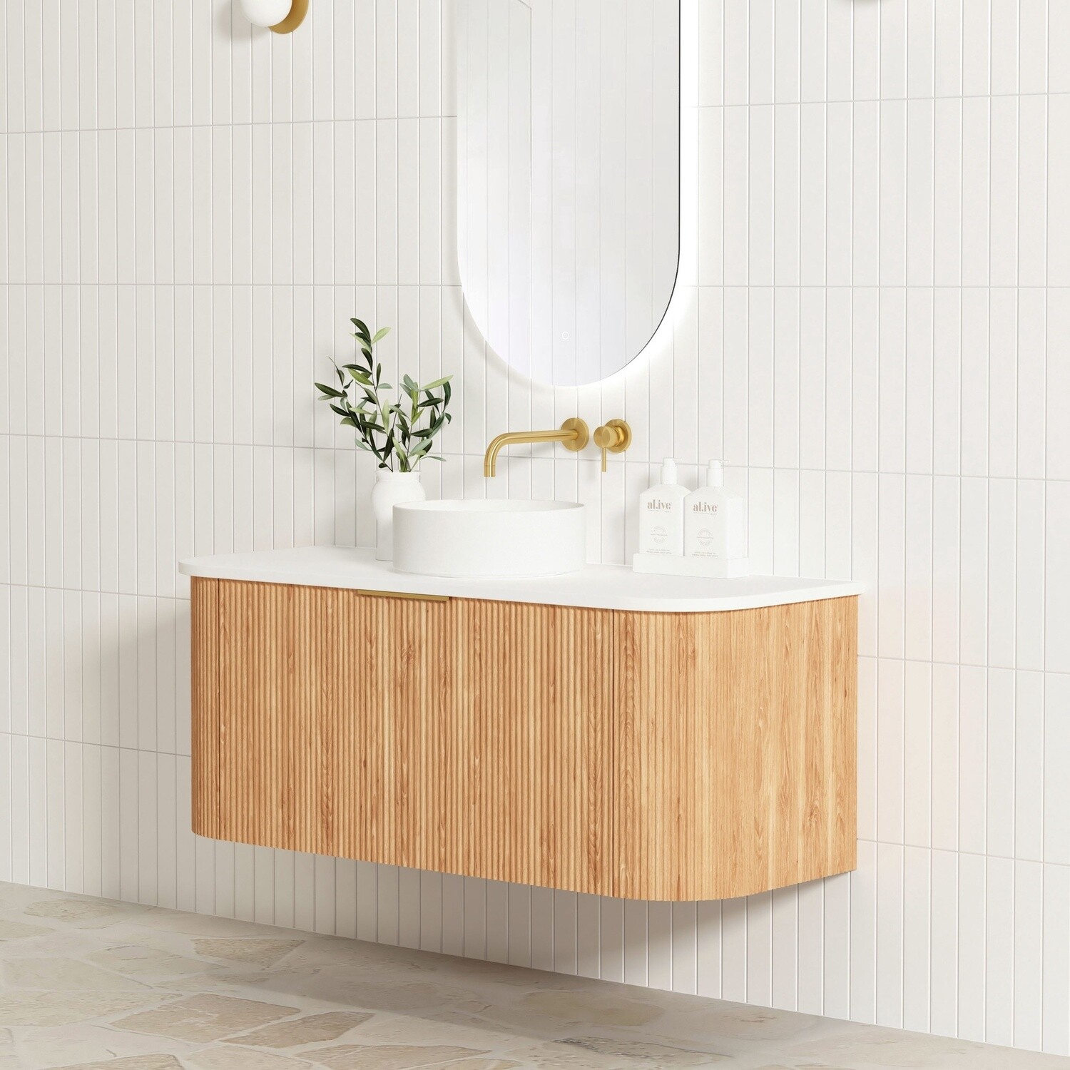 Bondi 1200mm Woodland Oak Fluted Curve Vanity, Vanity Top: Cabinet Only, Stone Top Colour: -, Taphole Option: Taphole Not Required