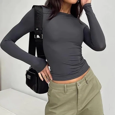Slim Fit Shirt Women Casual Streetwear Basic Tee Fashion Cropped Tops O Neck