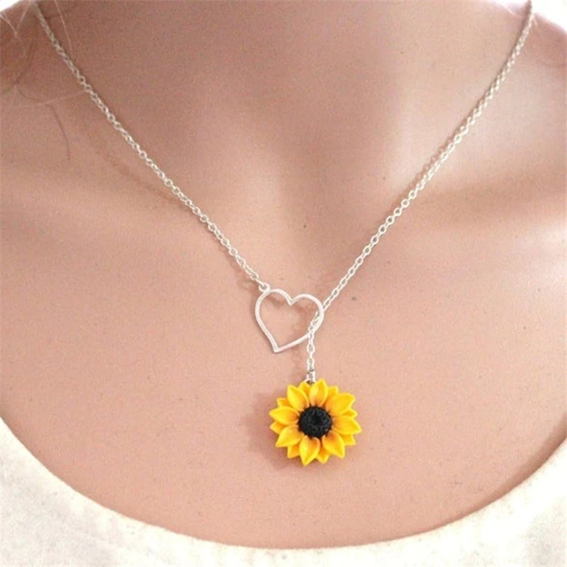 Yellow Sunflower Heart Lariat Necklace