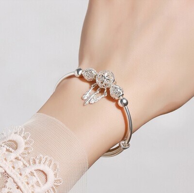 Silver Dreamcatcher Tassel Feather lucky Bead Bracelet Bangle For Women fashion
