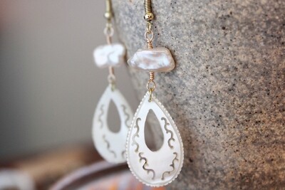 Freshwater Baroque Pearl, Hand Carved Mother of Pearl Earrings Freshwater Baroque Pearl, Hand Carved Mother of Pearl Earrings
