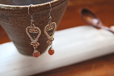 Silver Heart and Pink Jade Earrings