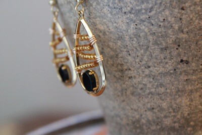 Teardrop Black Crystal and Gold Seed Bead Earrings