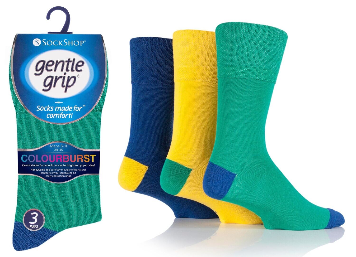 Mens Gentle Grip Socks Non-Binding 3 Pack Colourburst
