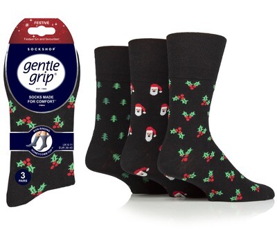 Mens Gentle Grip Socks Non-Binding 3 Pack Festive