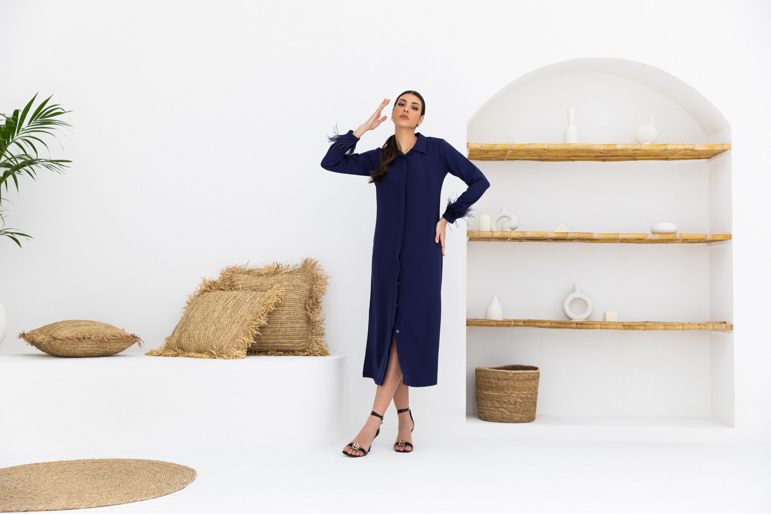 Navy Blue Long Shirt with Skirt &amp; Feathers on Sleeves