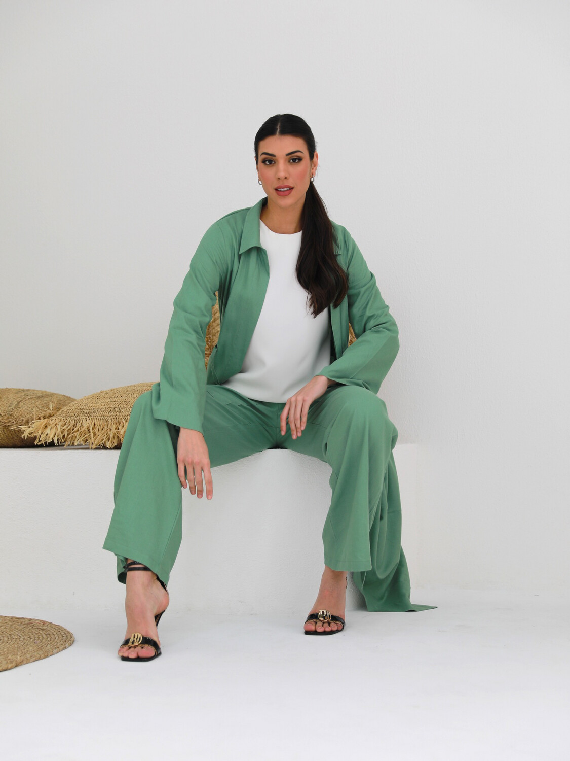Green Linen Abaya with Belt