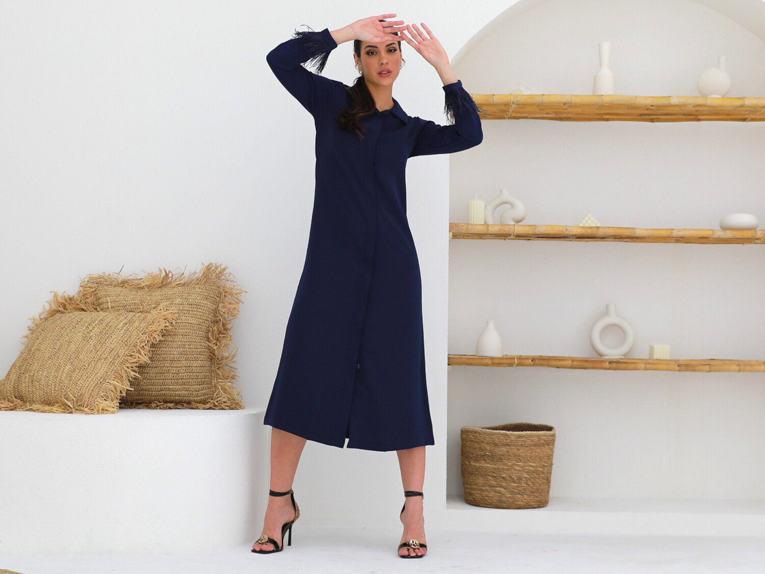 Navy Blue Long Shirt with Skirt &amp; Feathers on Sleeves