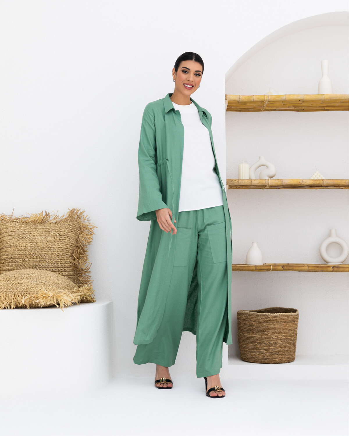 Green Linen Abaya with Belt