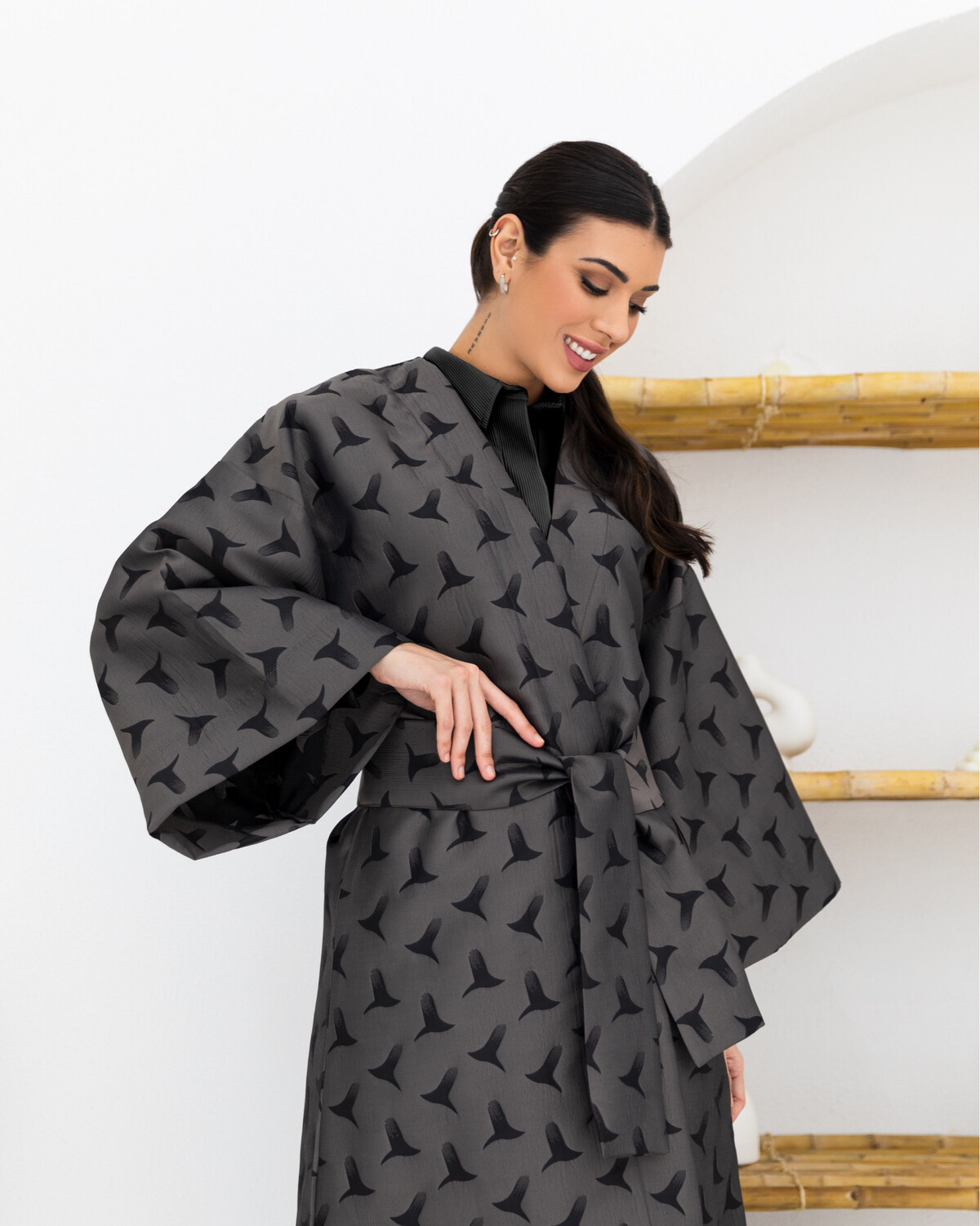 Grey Jacquard Abaya with Belt