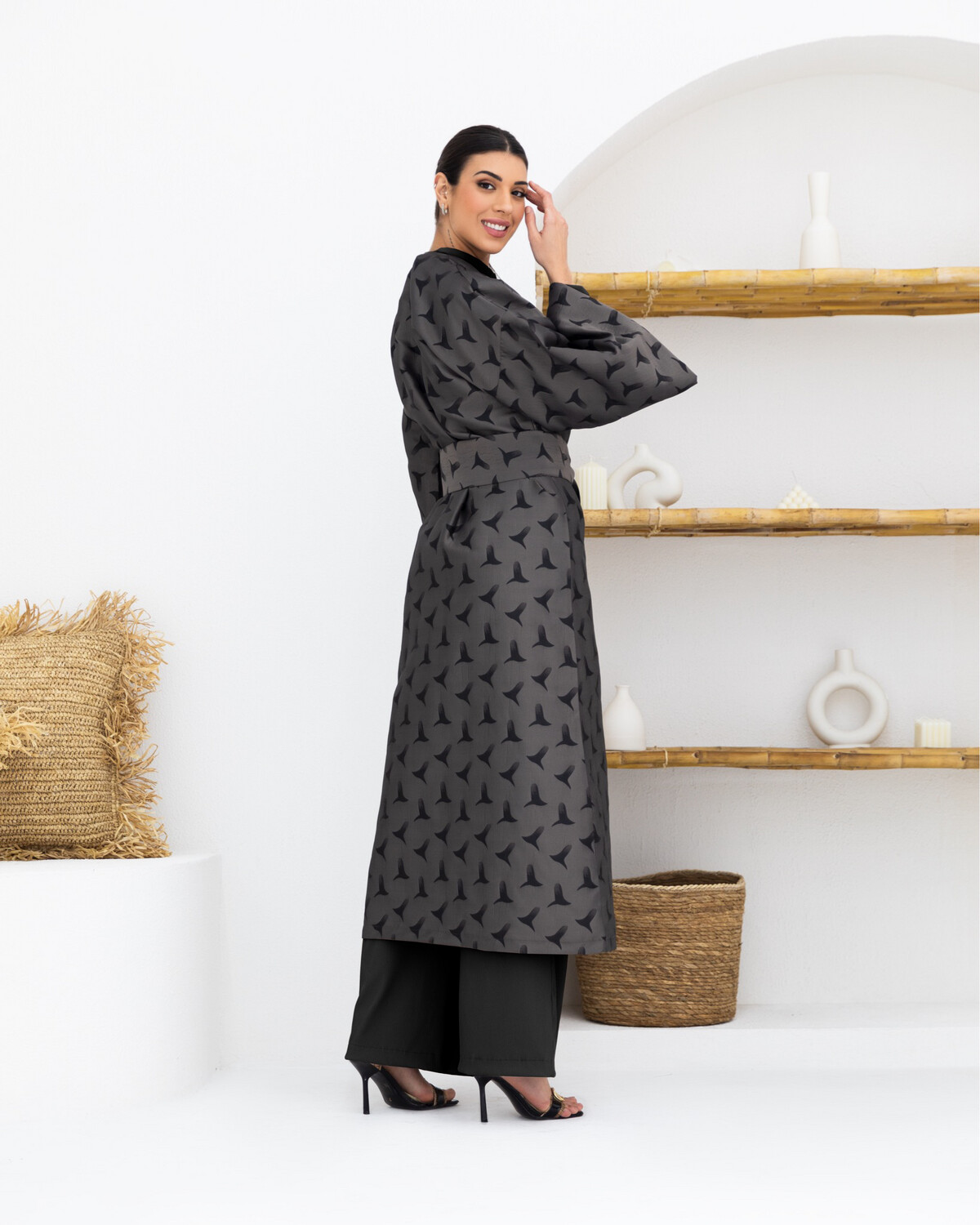 Grey Jacquard Abaya with Belt