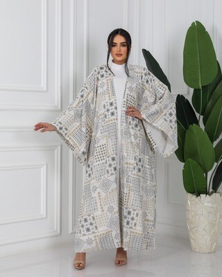 off-white &amp; Black Jacquard Linen Abaya