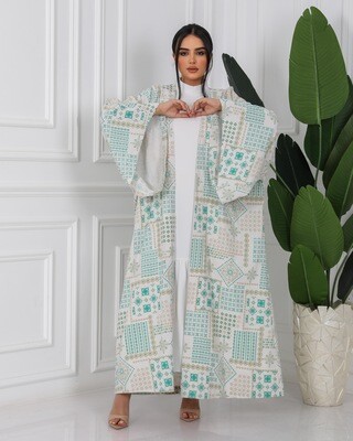 off-white &amp; Green Jacquard Linen Abaya