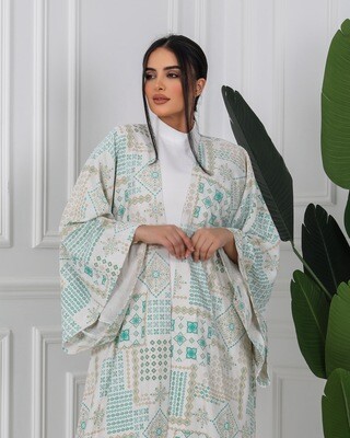 off-white &amp; Green Jacquard Linen Abaya