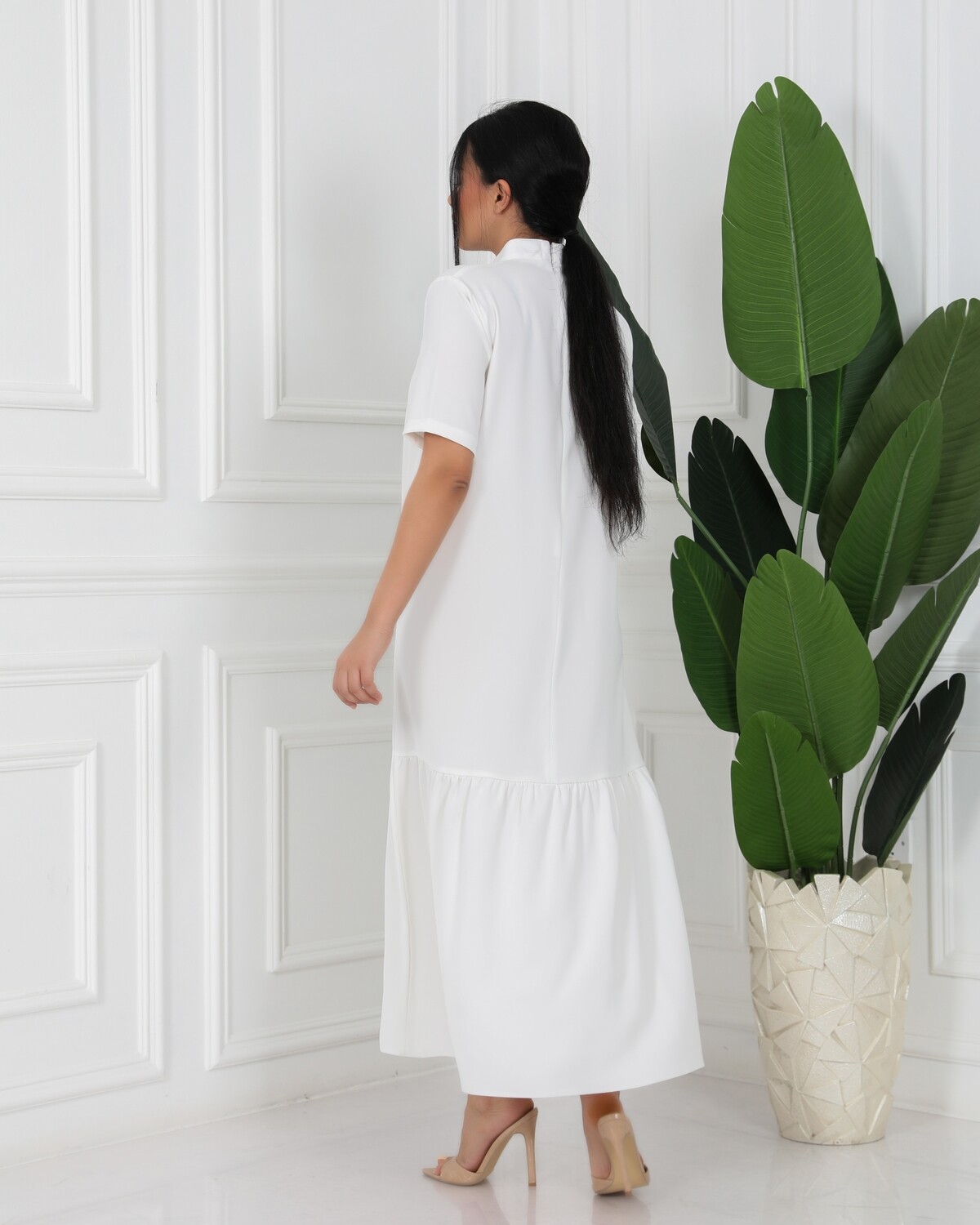 off-white Long Dress Short Sleeves