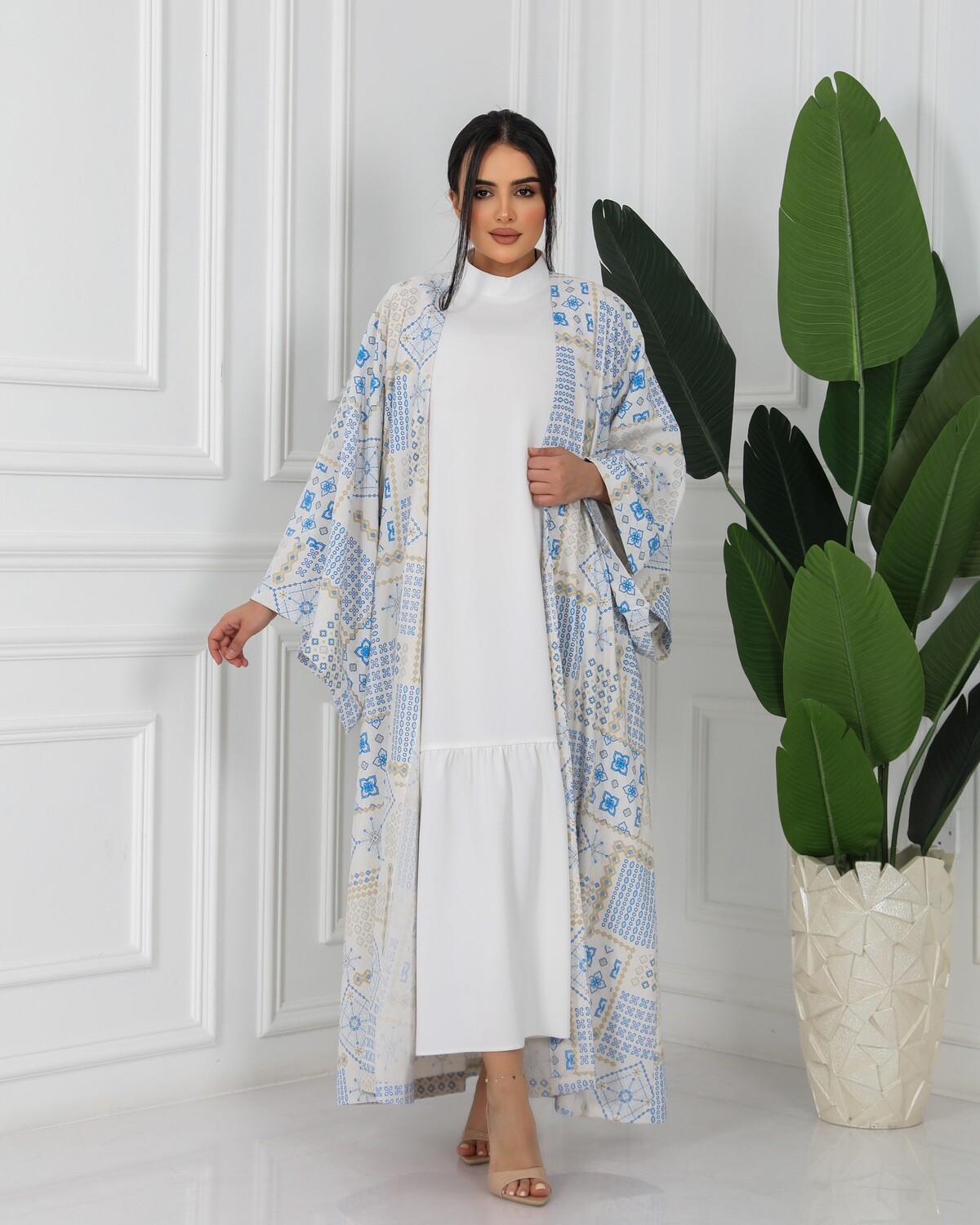 off-white &amp; Blue Jacquard Linen Abaya