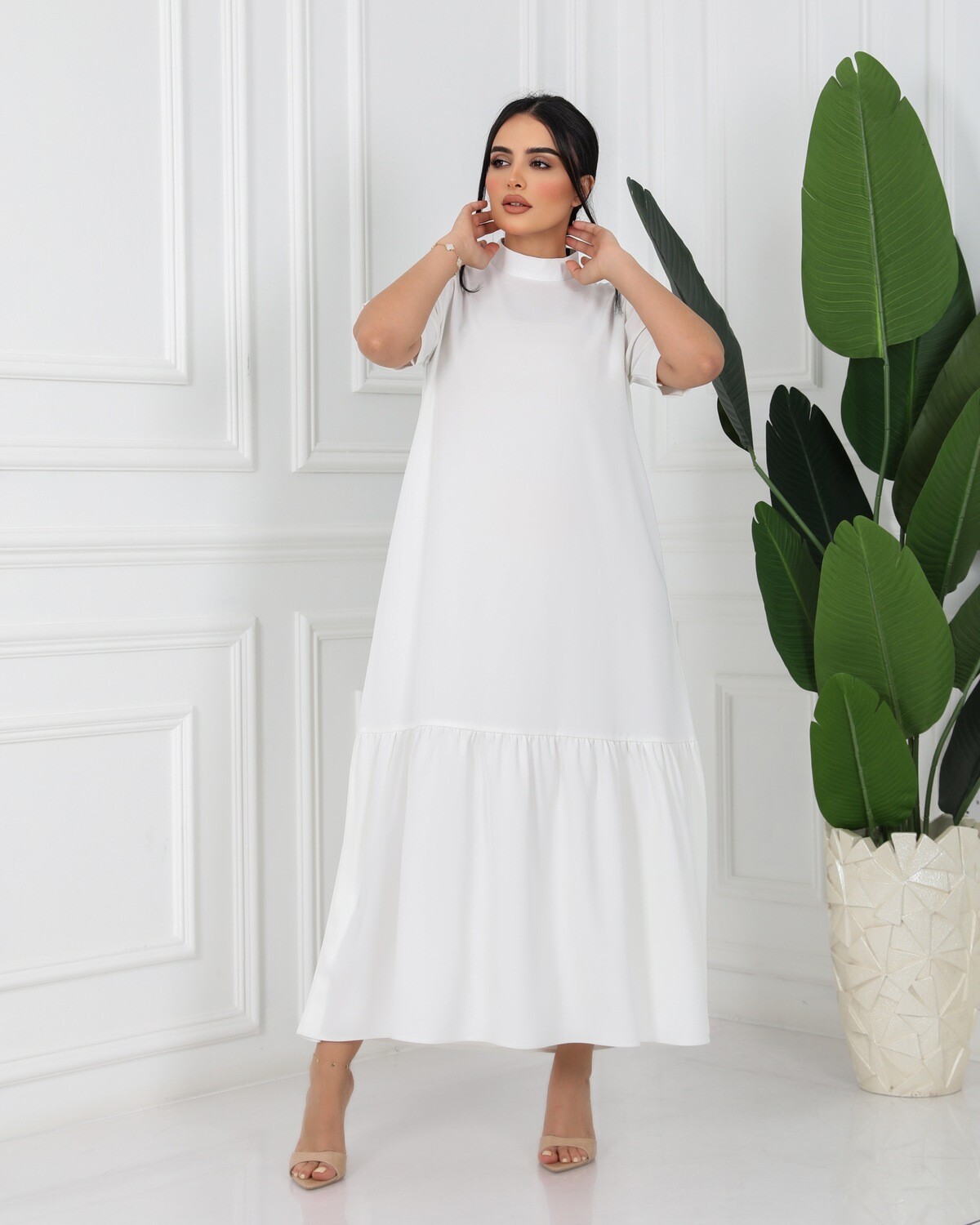 off-white Long Dress Short Sleeves