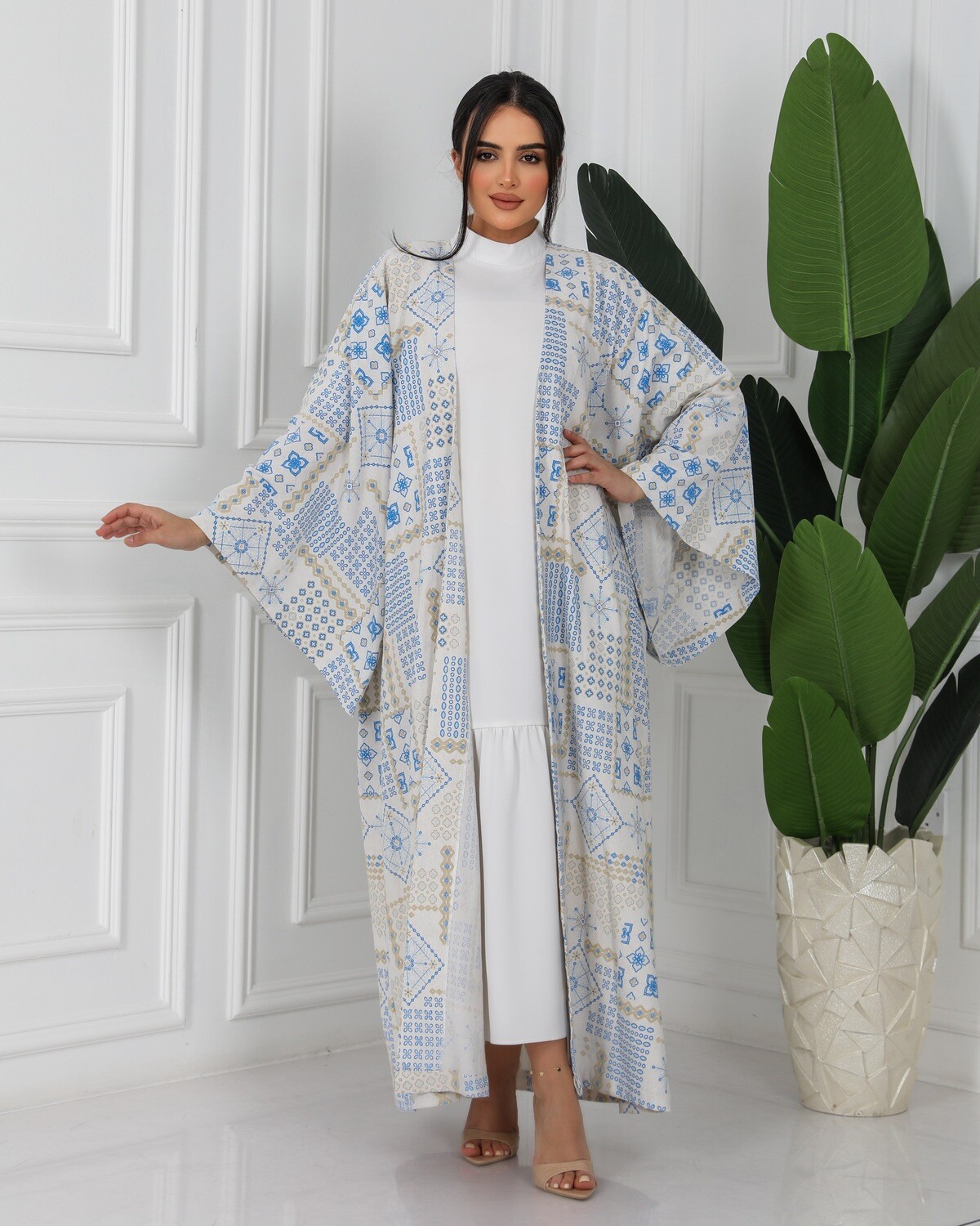 off-white &amp; Blue Jacquard Linen Abaya