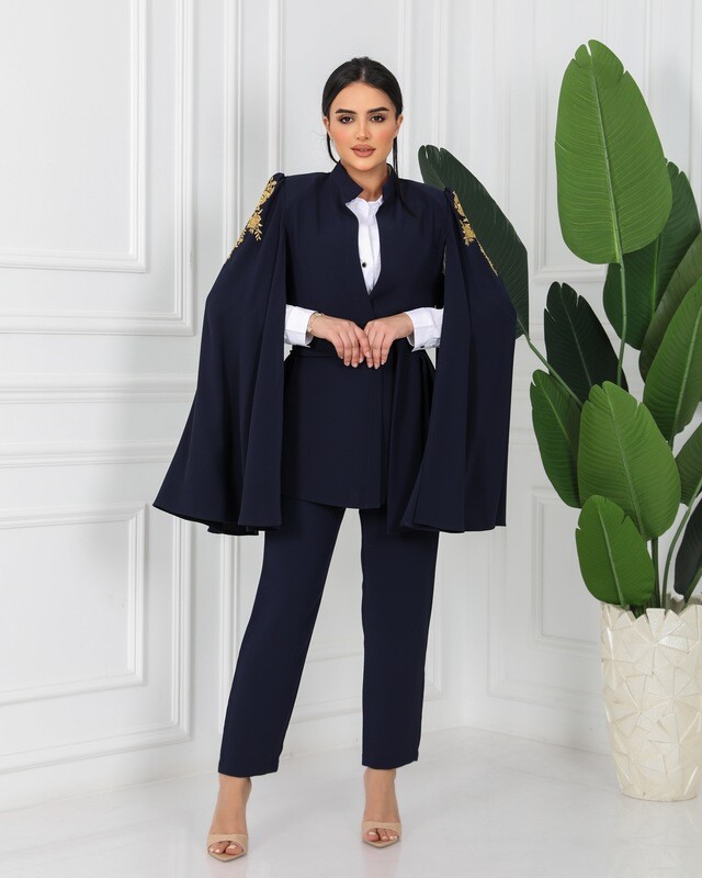Navy Blazer, Embroidered Sleeves with Belt