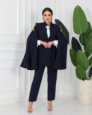 Navy Blazer, Embroidered Sleeves with Belt