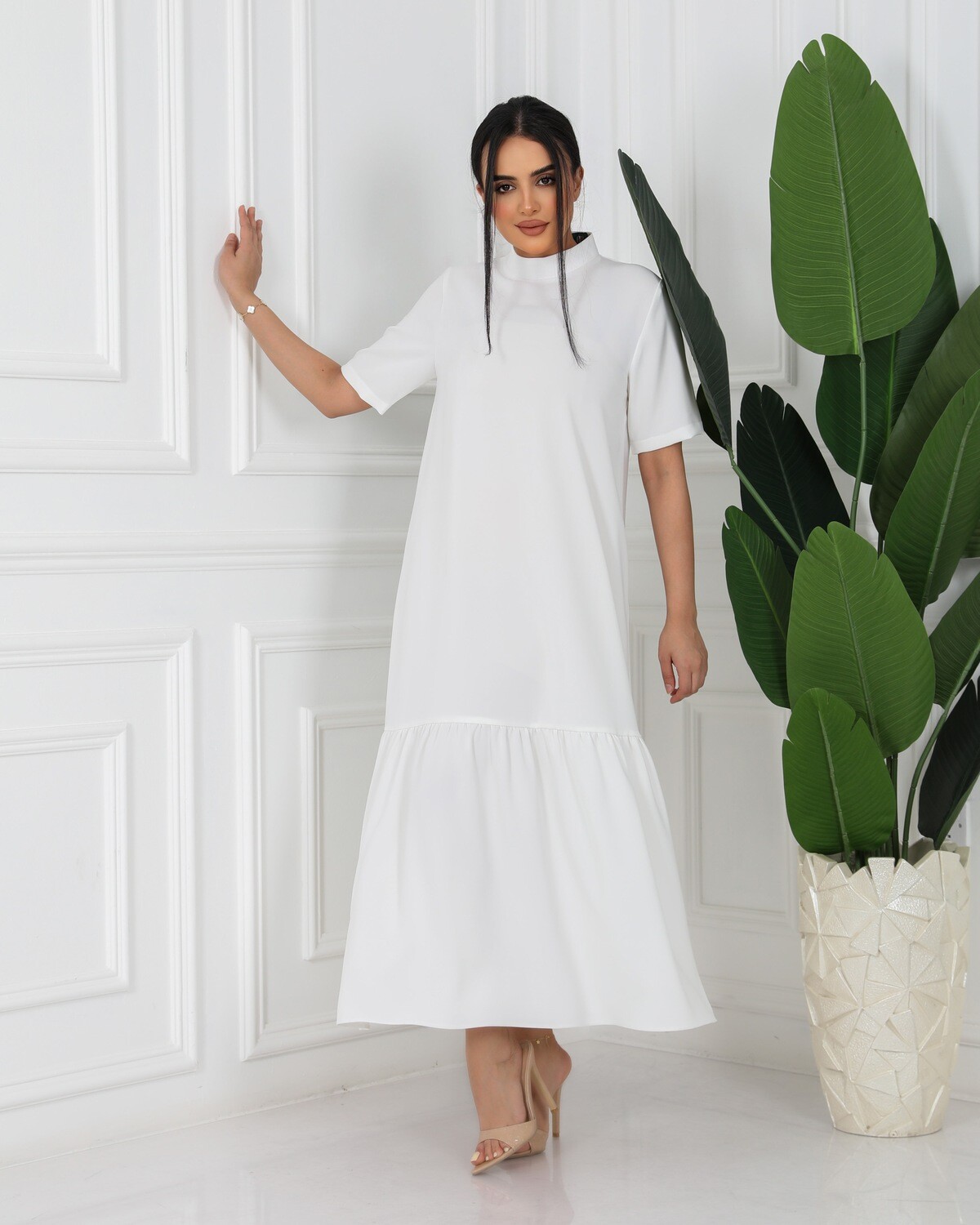 off-white Long Dress Short Sleeves