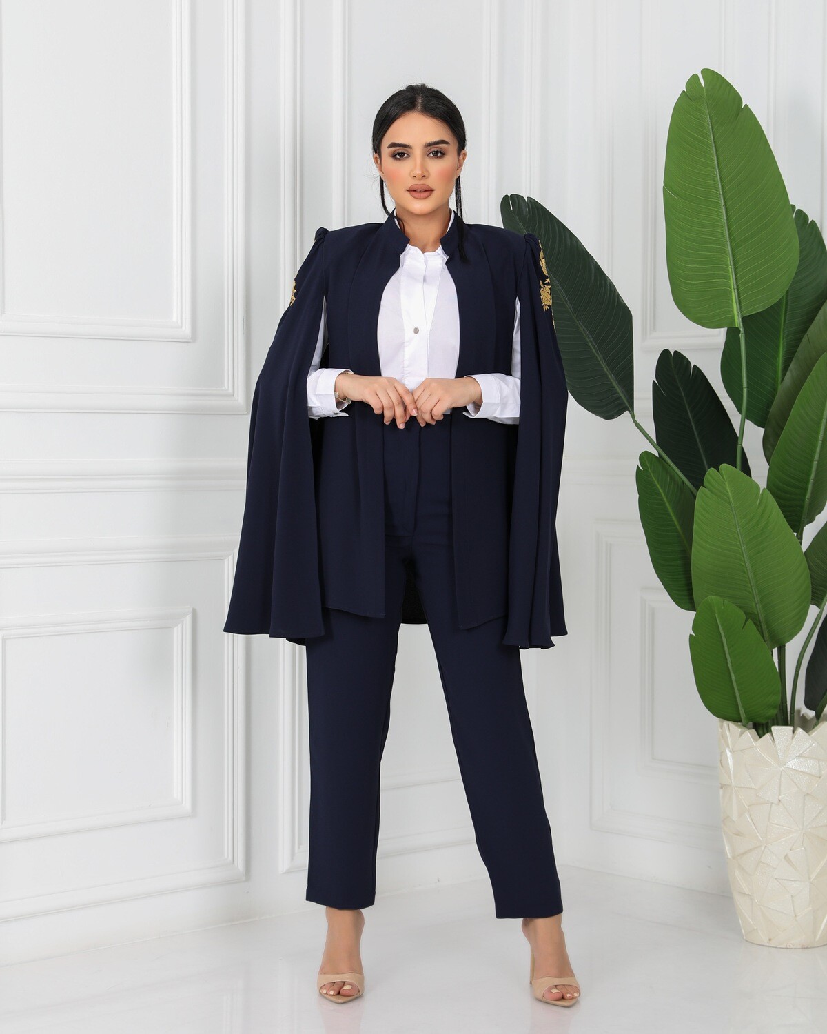 Navy Blazer, Embroidered Sleeves with Belt