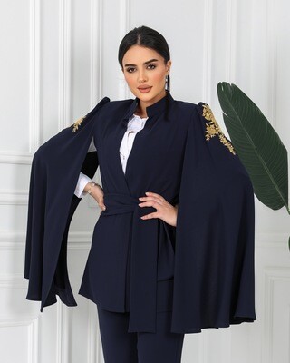 Navy Blazer, Embroidered Sleeves with Belt
