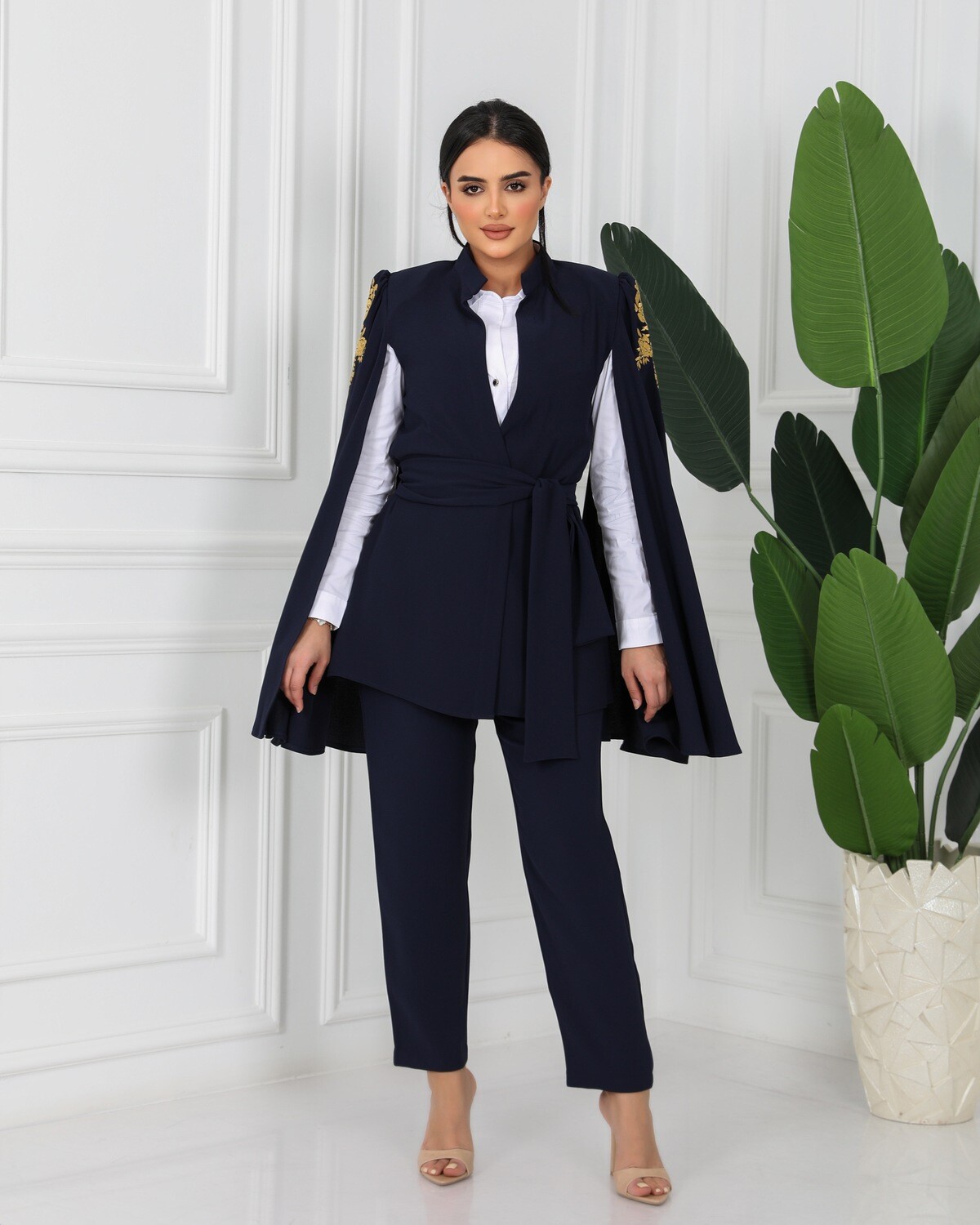 Navy Blazer, Embroidered Sleeves with Belt