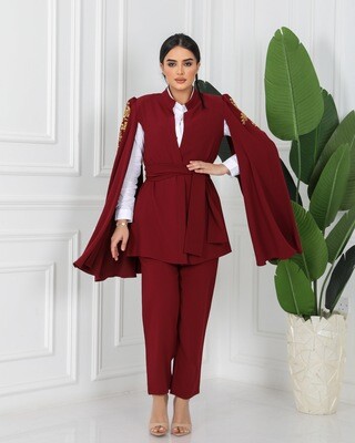 Maroon Blazer, Embroidered Sleeves with Belt