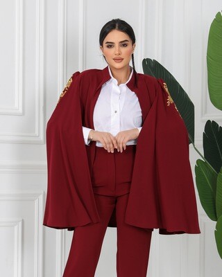 Maroon Blazer, Embroidered Sleeves with Belt