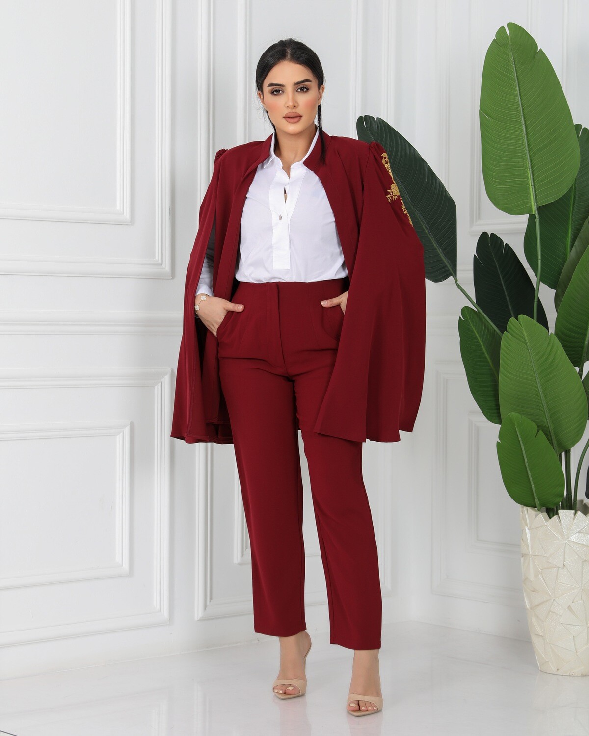 Maroon Blazer, Embroidered Sleeves with Belt