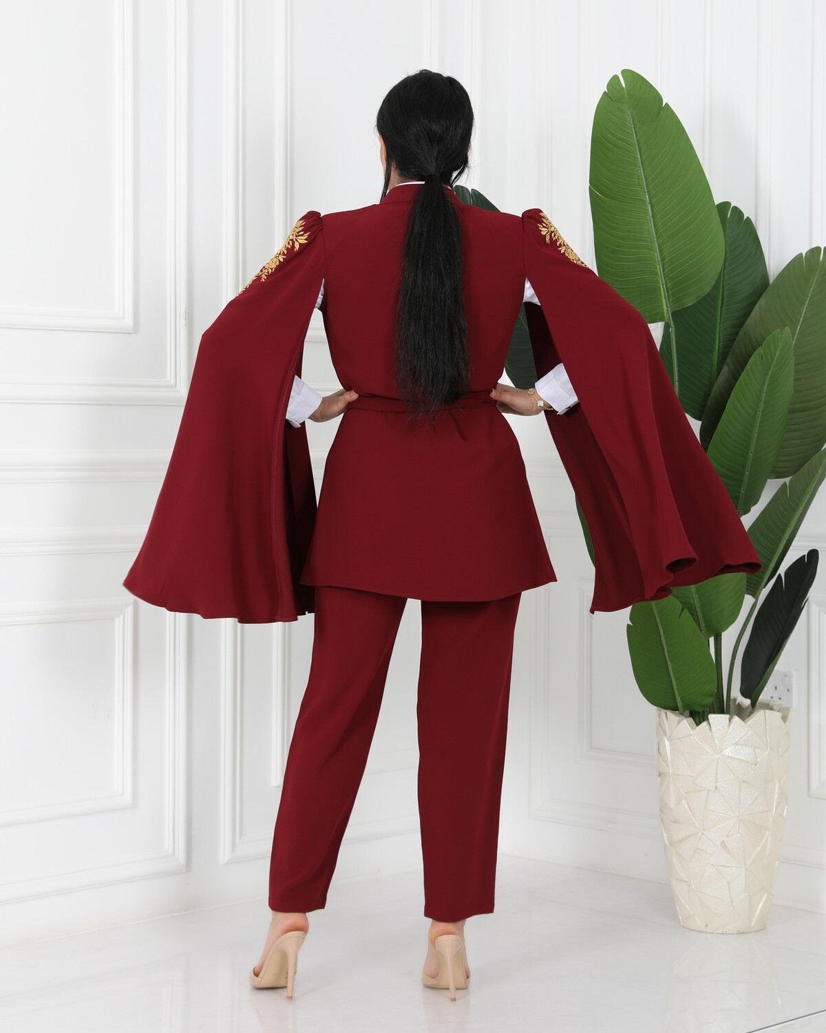 Maroon Blazer, Embroidered Sleeves with Belt