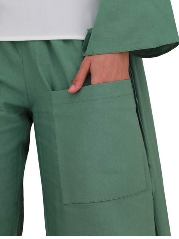 Green Linen Wide Trouser with Pockets