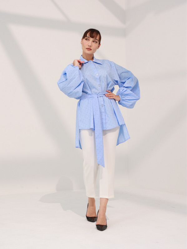 Poplin Cotton Long Sleeve Shirt with Belt - Oversized Shirt
